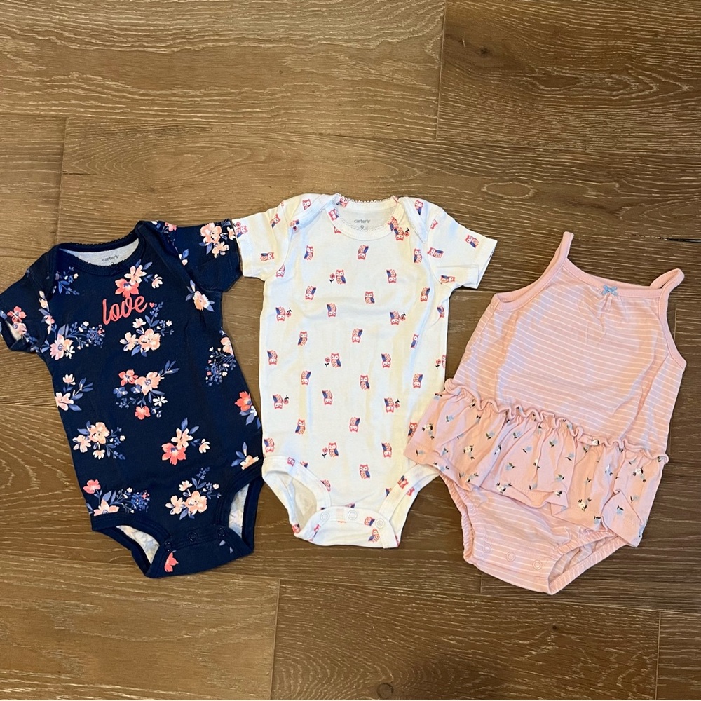 🌸 Carter’s Baby Girl One-Piece Bodysuits Lot Bundle Size 9 Months
